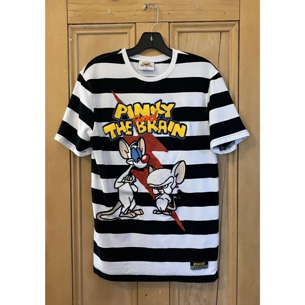 Pinky and The Brain Mens Embroidered Striped Shirt Size Small White Black AN EXC - Picture 2 of 11